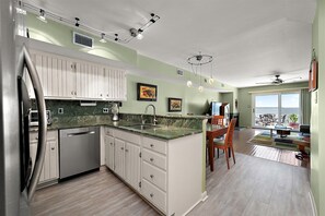 Fridge, microwave, dishwasher, coffee/tea maker