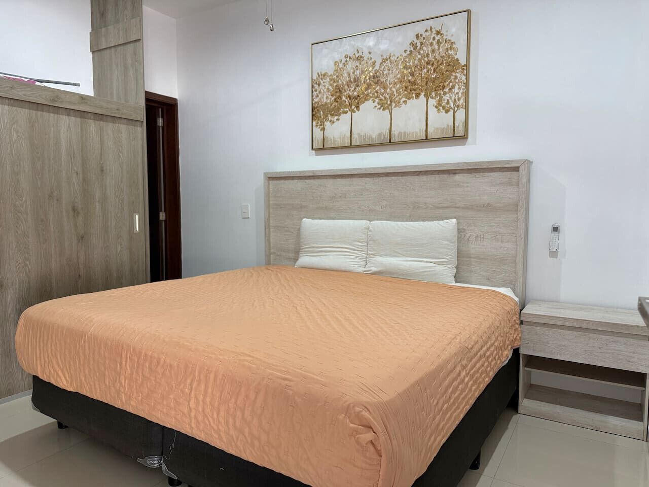 A bedroom with a bed, a headboard, a nightstand, and a wall-mounted painting.