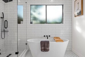 Hair dryer, towels, soap, shampoo