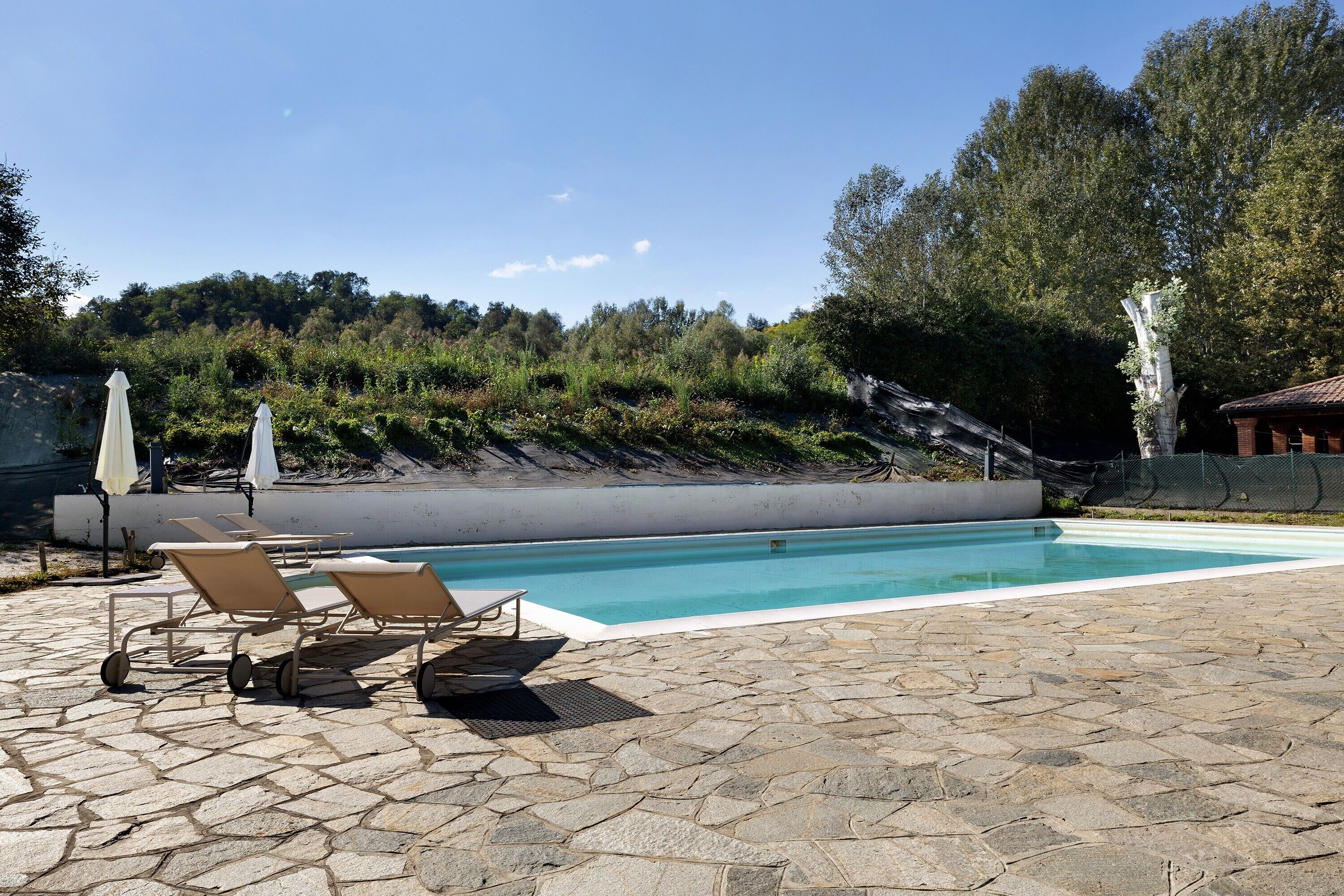 Une piscine entourée de chaises longues et de parasols, le tout bordé de dalles de pierre et de verdure.