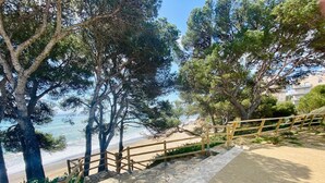 A paved pathway with stone steps leading to a beach, surrounded by trees and a wooden railing.
