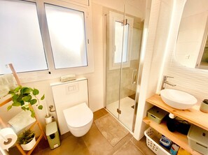 Shower, hair dryer, towels