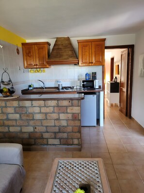 Kjøleskap, mikrobølgeovn, kokeplater og kaffetrakter/tekoker