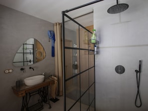 Shower, hair dryer, towels