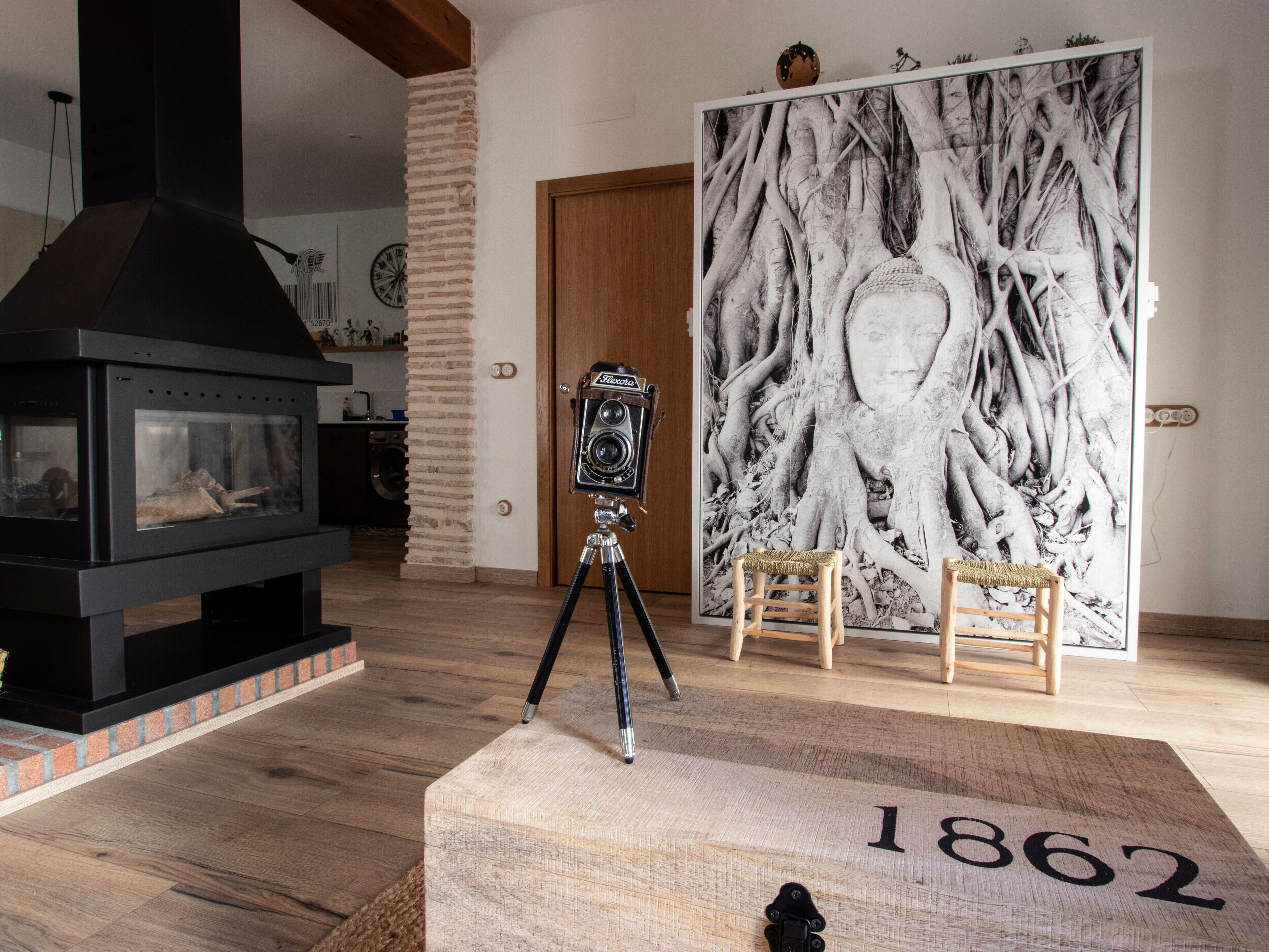 A living room with a black wood-burning stove, a tripod-mounted camera, and a large abstract painting.