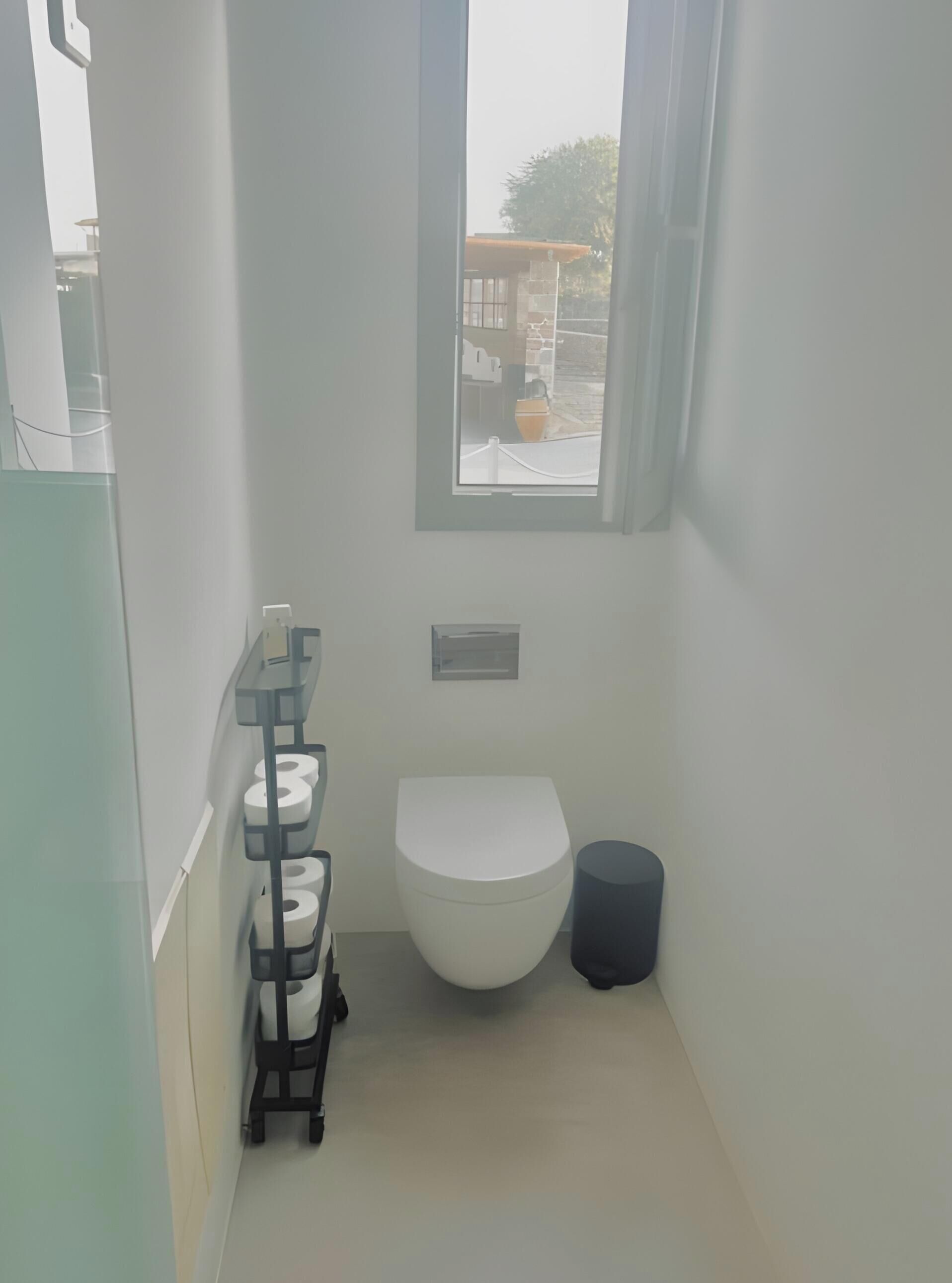 Un baño pequeño y limpio, con inodoro, cubo de basura y dispensador de papel higiénico.