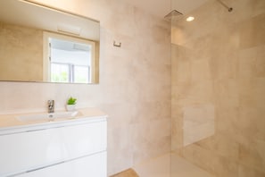 Shower, hair dryer, towels