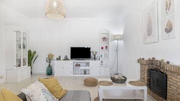 Een televisie en een open haard