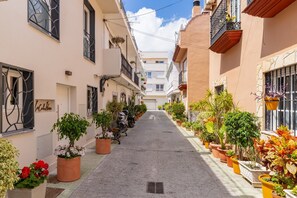Une rue étroite bordée de plantes en pot et d’immeubles dotés de balcons.