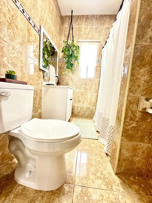 Séchoir à cheveux, serviettes fournies, savon, shampooing