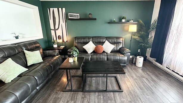 Un salon avec un canapé en cuir foncé, une table basse et un plancher en bois. On y trouve deux étagères murales ornées d’objets décoratifs et une plante en pot.