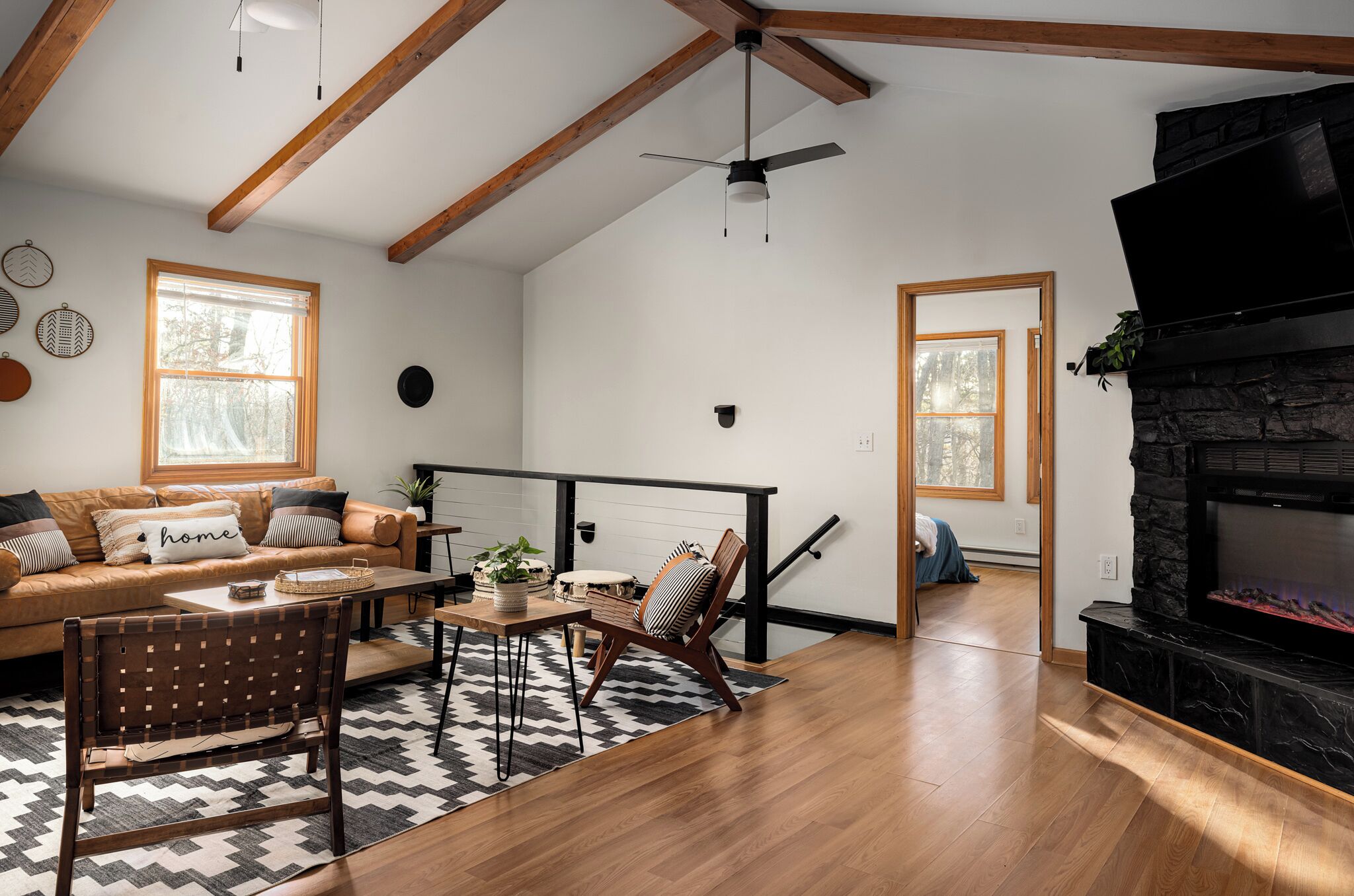 Smart TV, fireplace, books