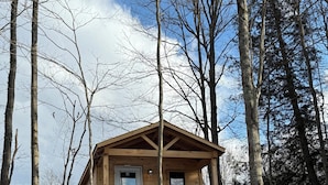 Una baita di legno con un portico, immersa tra gli alberi.