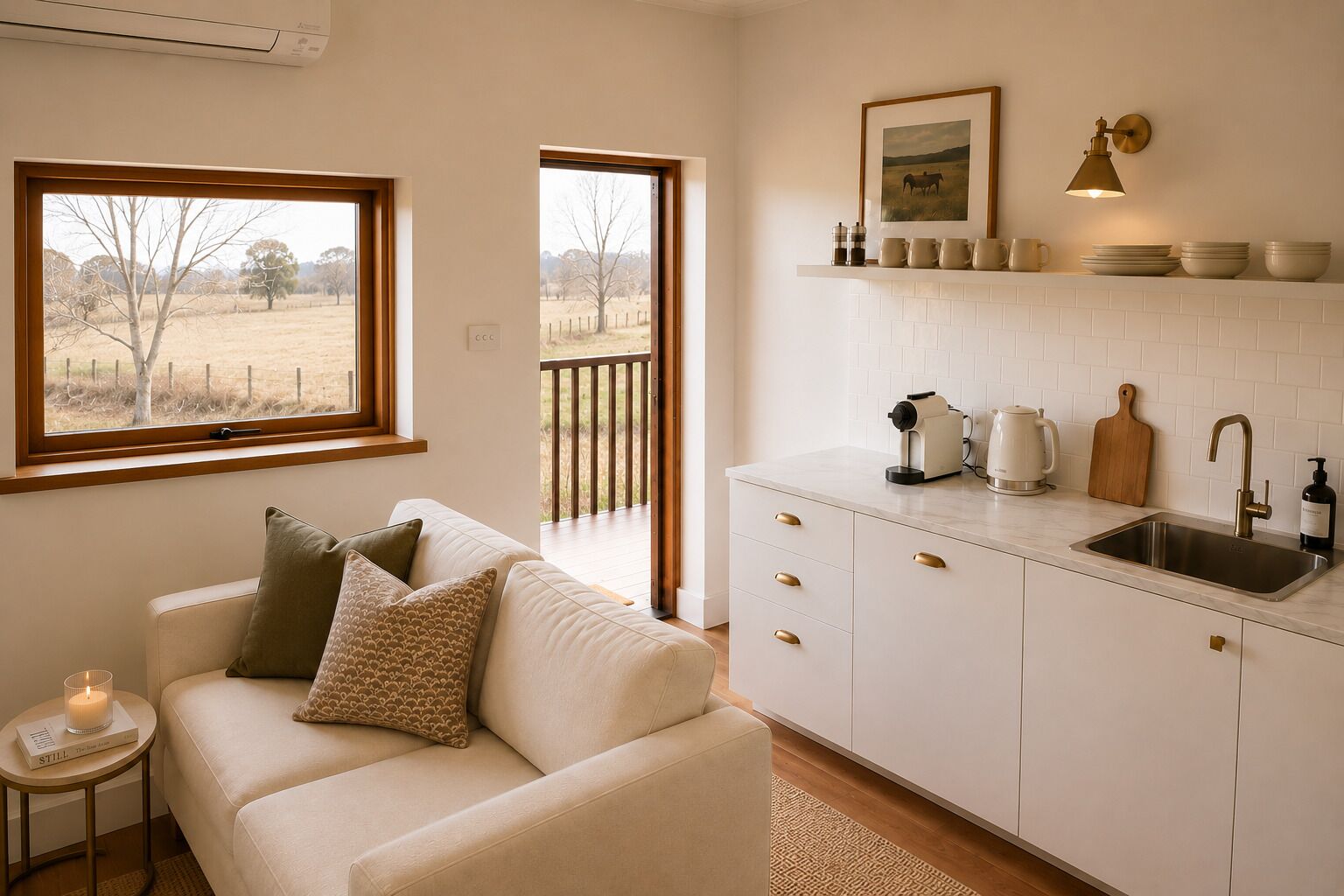 A modern kitchen with white cabinets, a stainless steel sink, and a window overlooking a field.