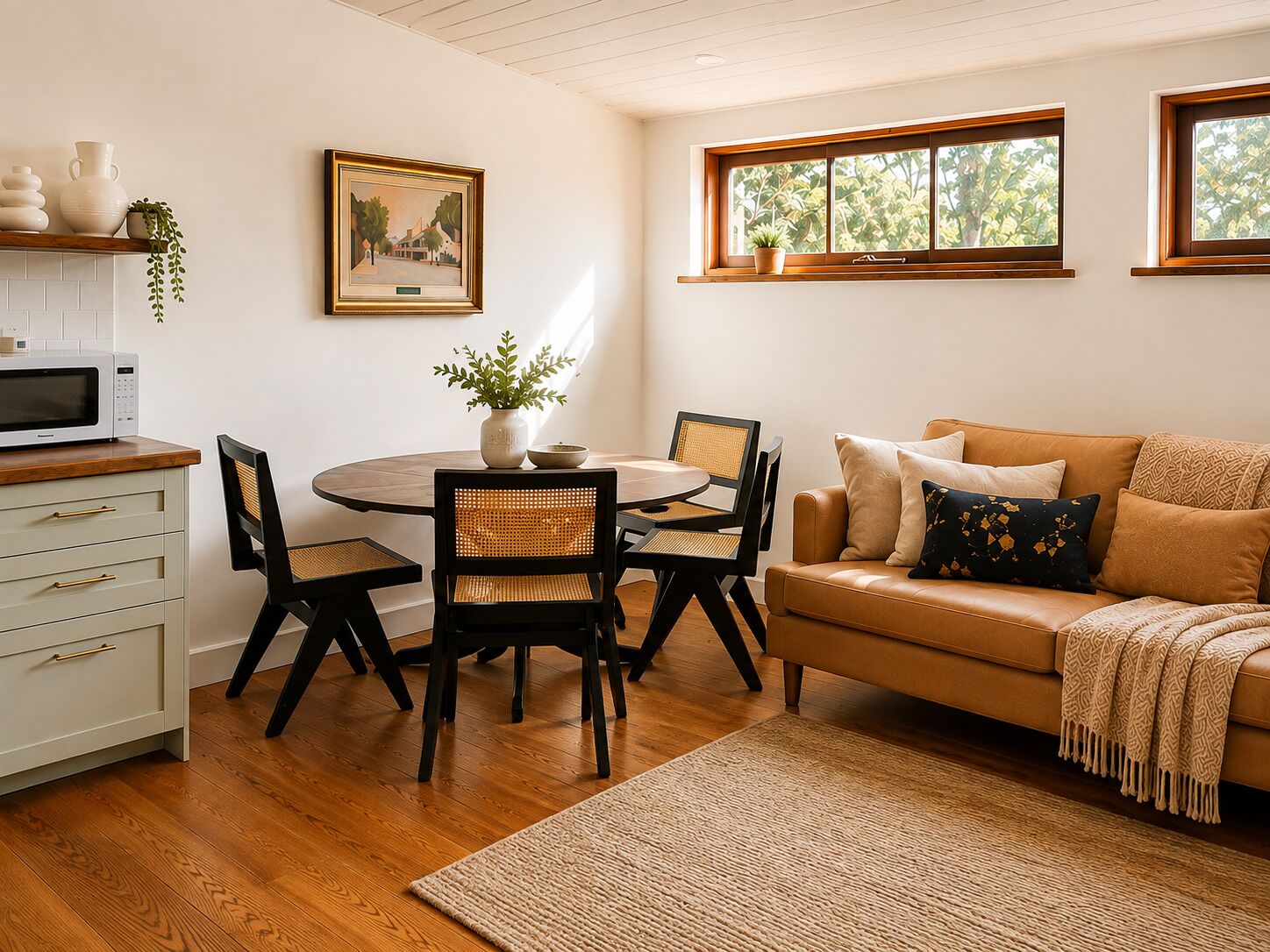 Una cocina moderna con microondas, mesa de comedor, sillas y sofá. Hay ventanas con marcos de madera y un cuadro en la pared.