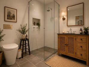 Shower, hair dryer, towels, soap