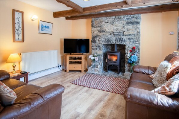 A cozy living room with a stone fireplace, leather sofas, a television, and a decorative vase.