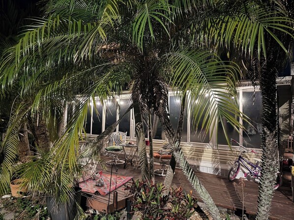 Un jardín tropical con una terraza de madera, una hamaca y una bicicleta.