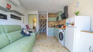 Ein kompakter Wohnraum mit einem grünen Sofa, einer Waschmaschine und einer Küchenzeile.