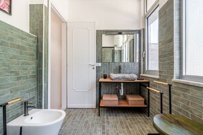 Shower, hair dryer, bidet, towels
