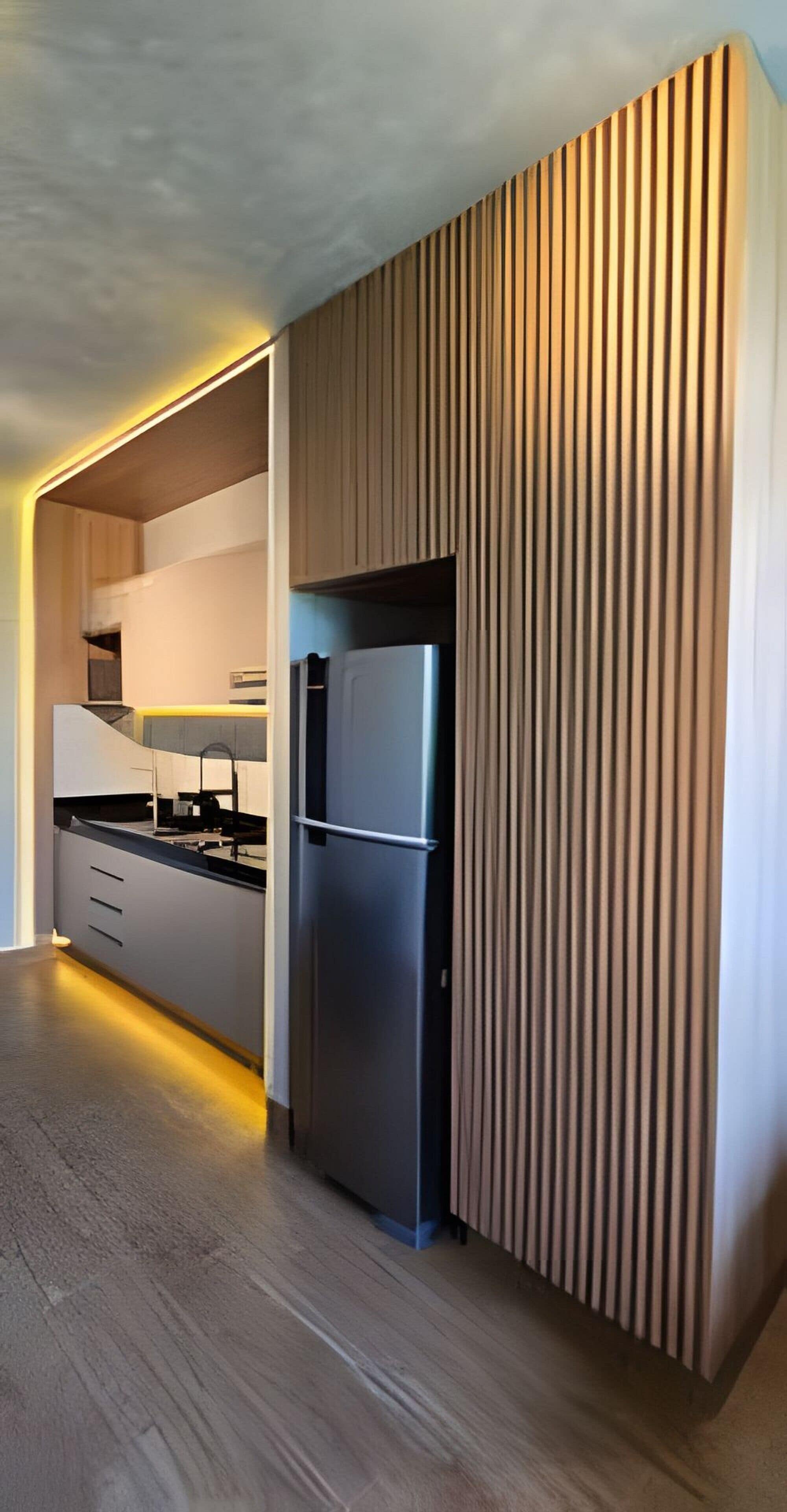 Design Apartment | Private kitchen | Fridge, microwave, stovetop, cookware/dishes/utensils