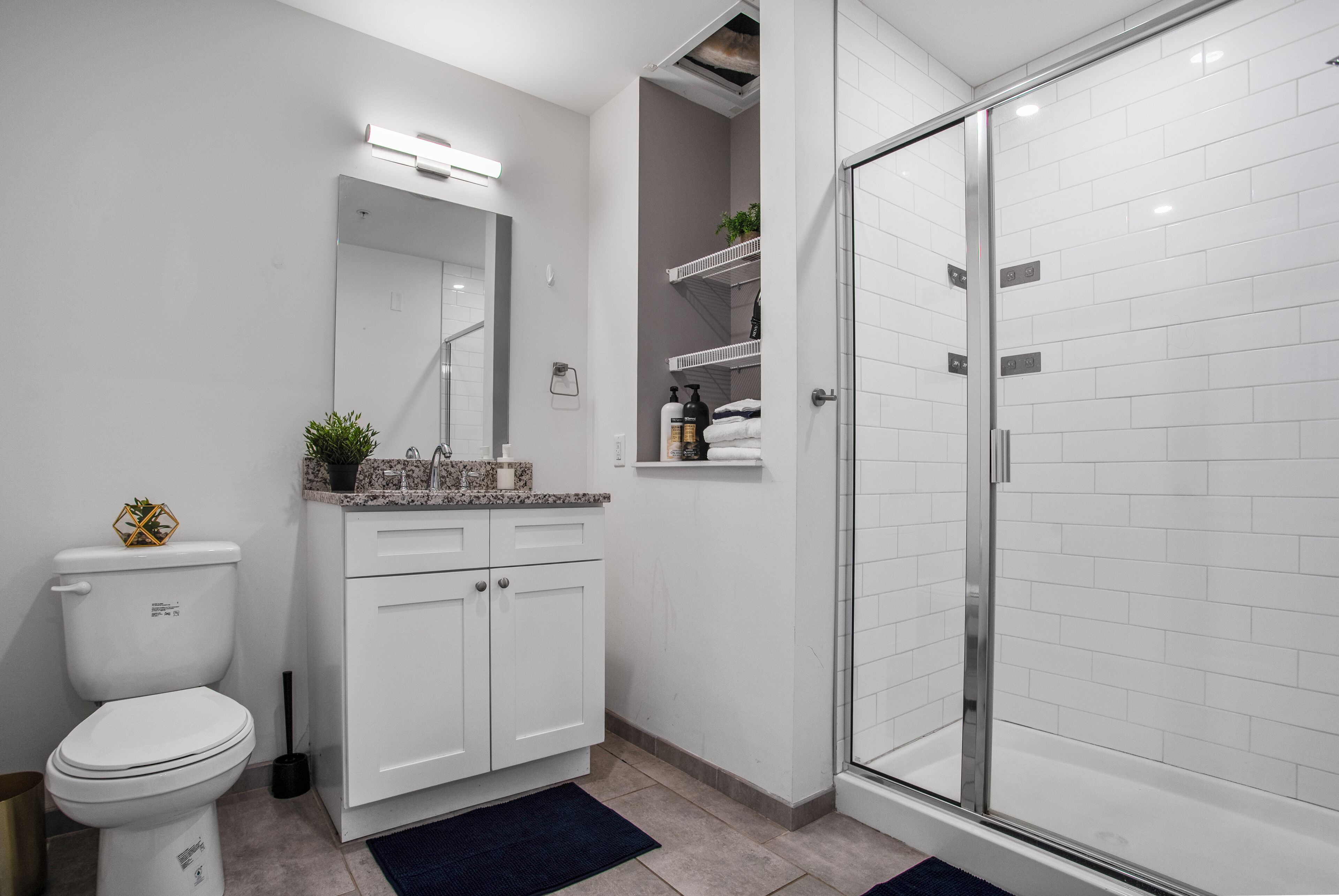 A modern bathroom with a toilet, vanity, and a glass-enclosed shower.