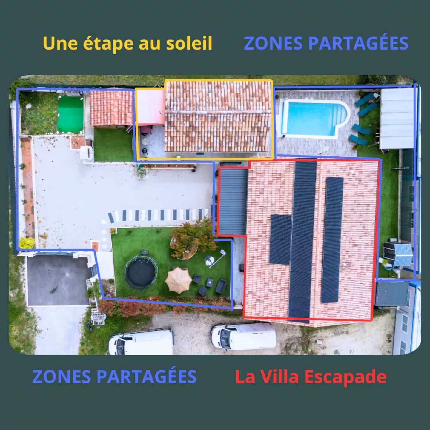 An aerial view of a property with shared zones, including a swimming pool, a tennis court, and a fenced area.