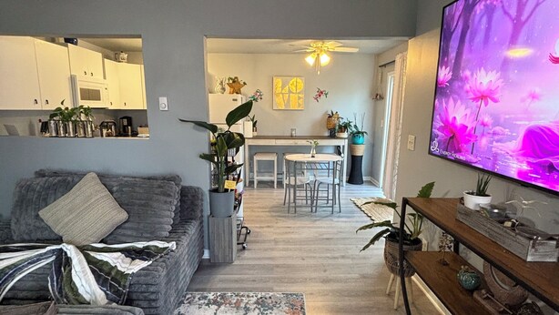 Una sala de estar con un sofá gris, una mesa de centro y un televisor que muestra una escena floral. Se ve una cocina al fondo, con armarios y un microondas.