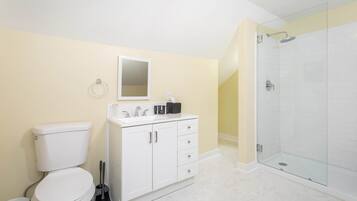 Shower, hair dryer, shampoo