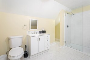 Shower, hair dryer, shampoo