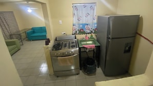 Una cocina compacta con estufa a gas, horno, pileta y refrigerador.