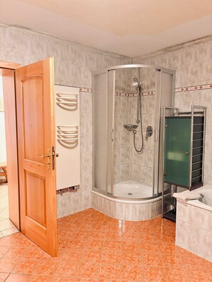 Shower, hair dryer, towels