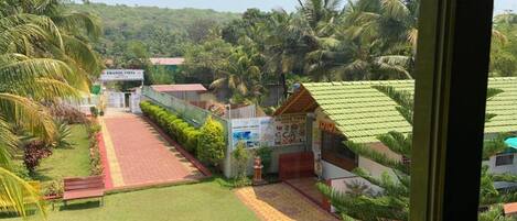 A hotel entrance with a red pathway leading to the main building, surrounded by lush greenery and palm trees.