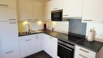 Frigorífico, microondas, horno y placa de cocina