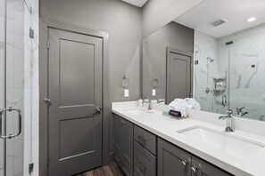 Shower, hair dryer, towels, toilet paper
