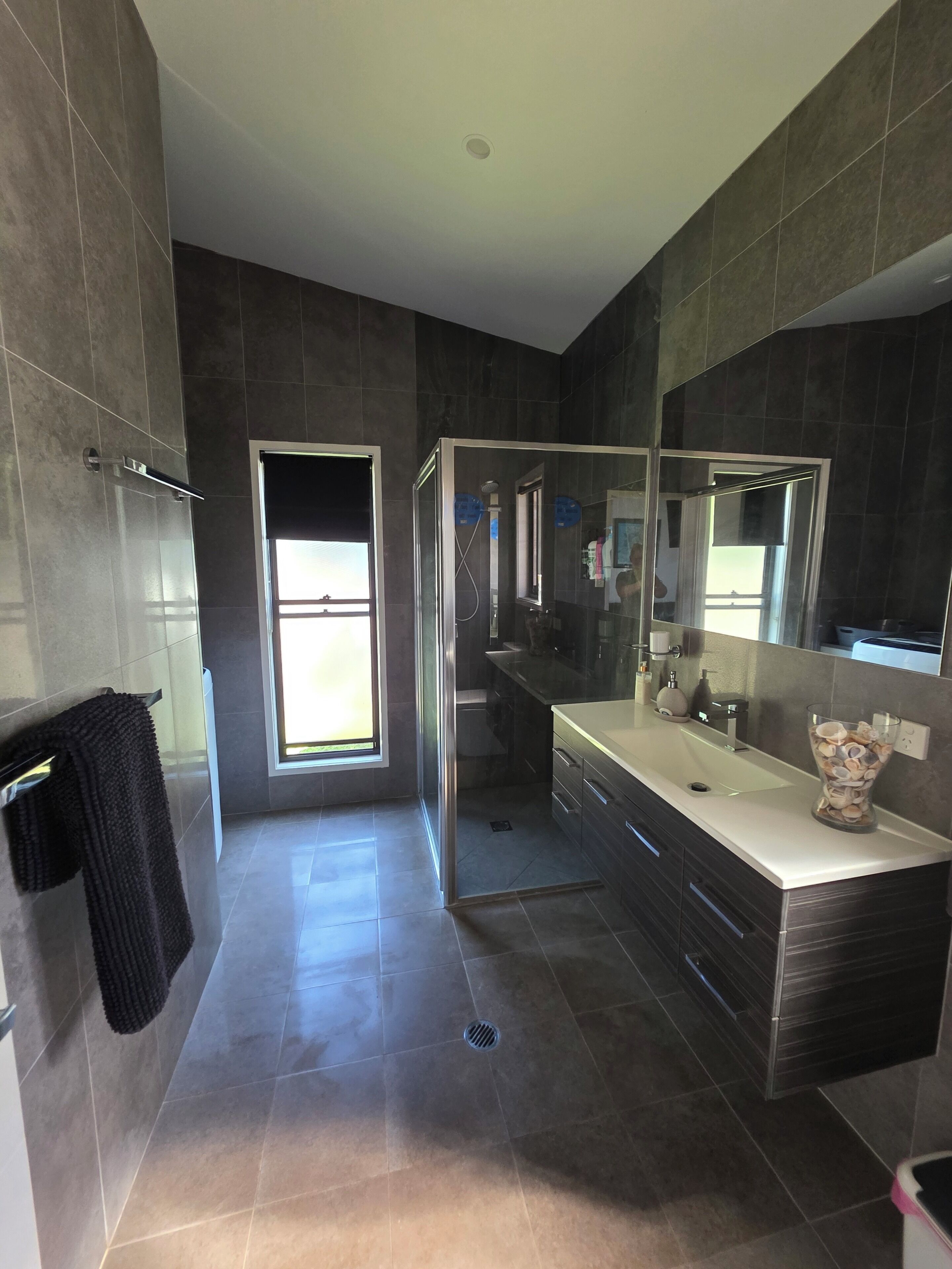 Shower, towels, soap, shampoo