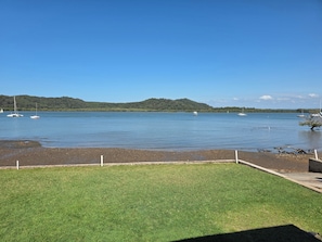 A grassy area with a view of a calm lake and several boats.