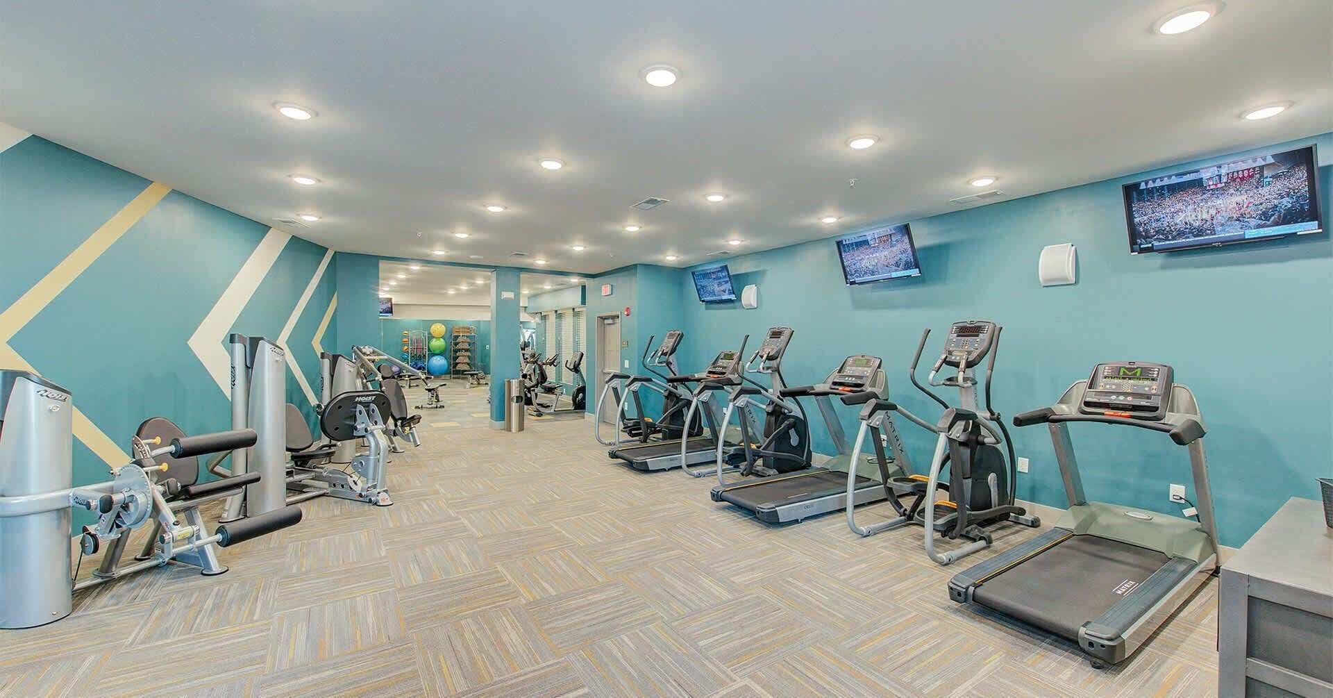 A gym with treadmills, weight machines, and exercise balls.