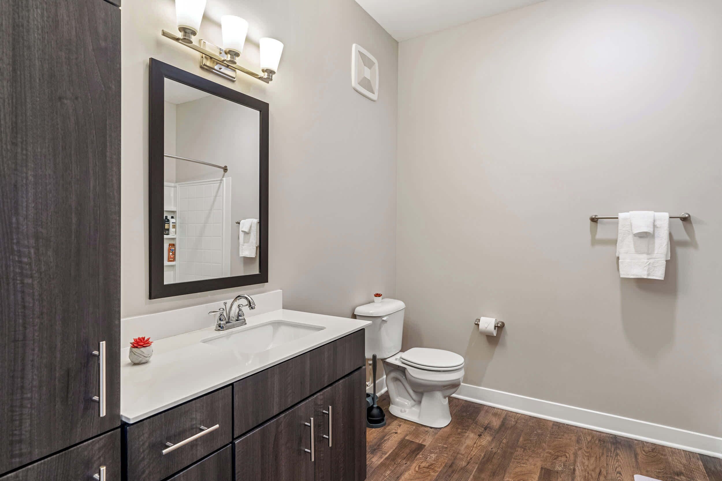 A modern bathroom with a dark wood vanity, white sink, and a large mirror.