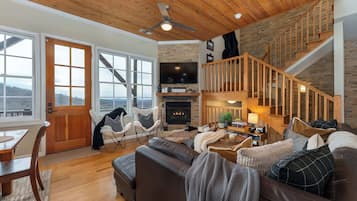 TV, fireplace, table football