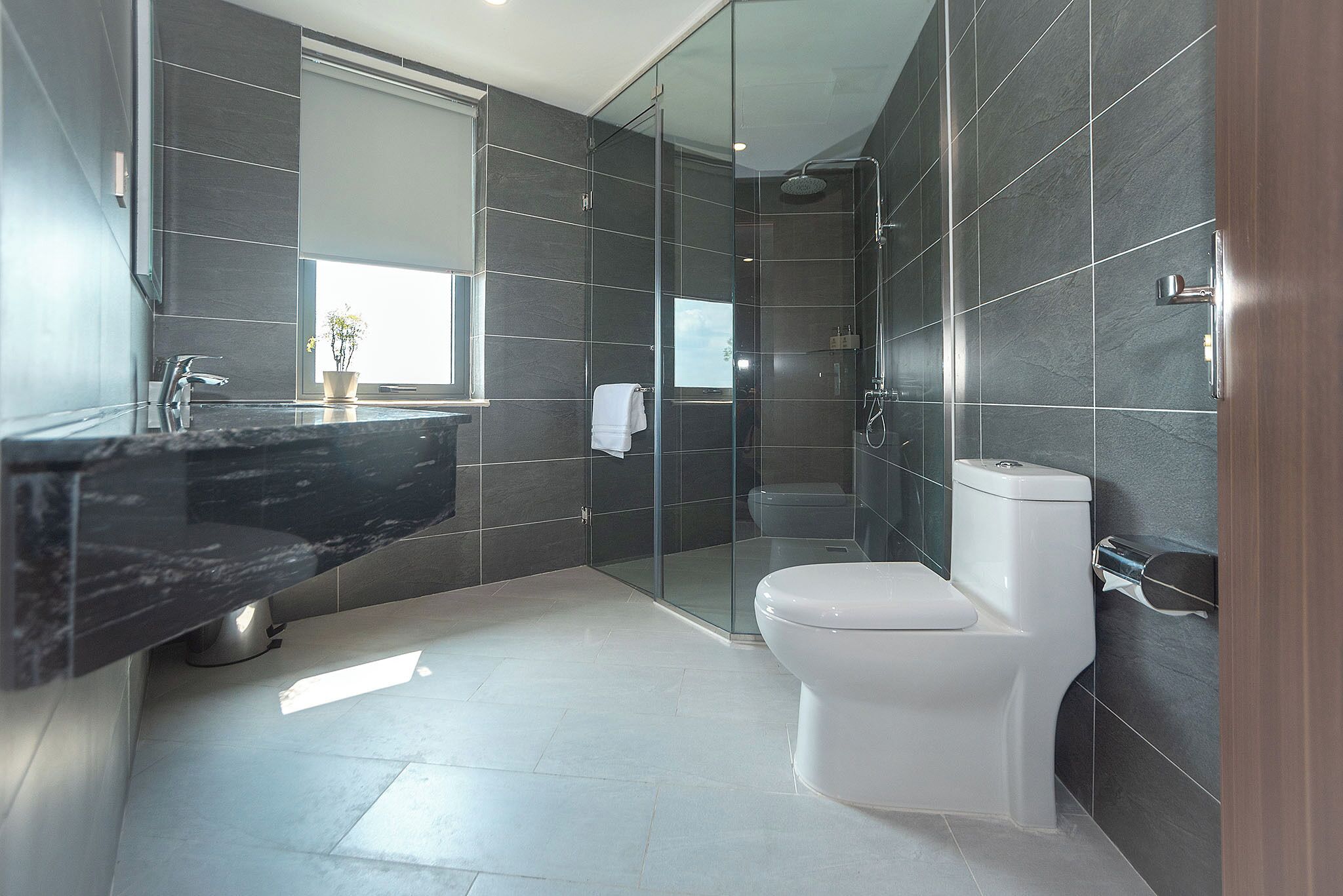 Et moderne badeværelse med bruseniche, et hvidt toilet og en marmorvask.