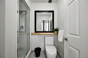 A modern bathroom with a glass shower enclosure, a white toilet, and a large mirror above the sink. - NEW ROYAL INN (New Westminster)