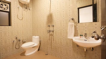 Shower, bathrobes, towels, soap