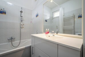 Hair dryer, towels, soap, toilet paper