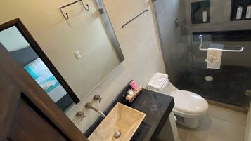 A modern bathroom with a glass shower enclosure, a sink with a mirror, and a toilet.