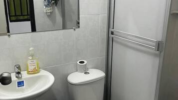 Shower, towels, soap, toilet paper