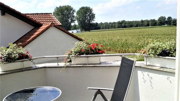 Ein Balkon mit Tisch und Stuhl, Blumentöpfen und Blick auf ein Feld.