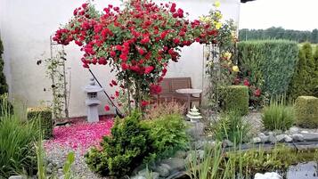 Ein Garten mit einer Pergola, die in rote Rosen überwuchert ist, einem kleinen Teich und einer Sitzgruppe mit Tisch und Stühlen.