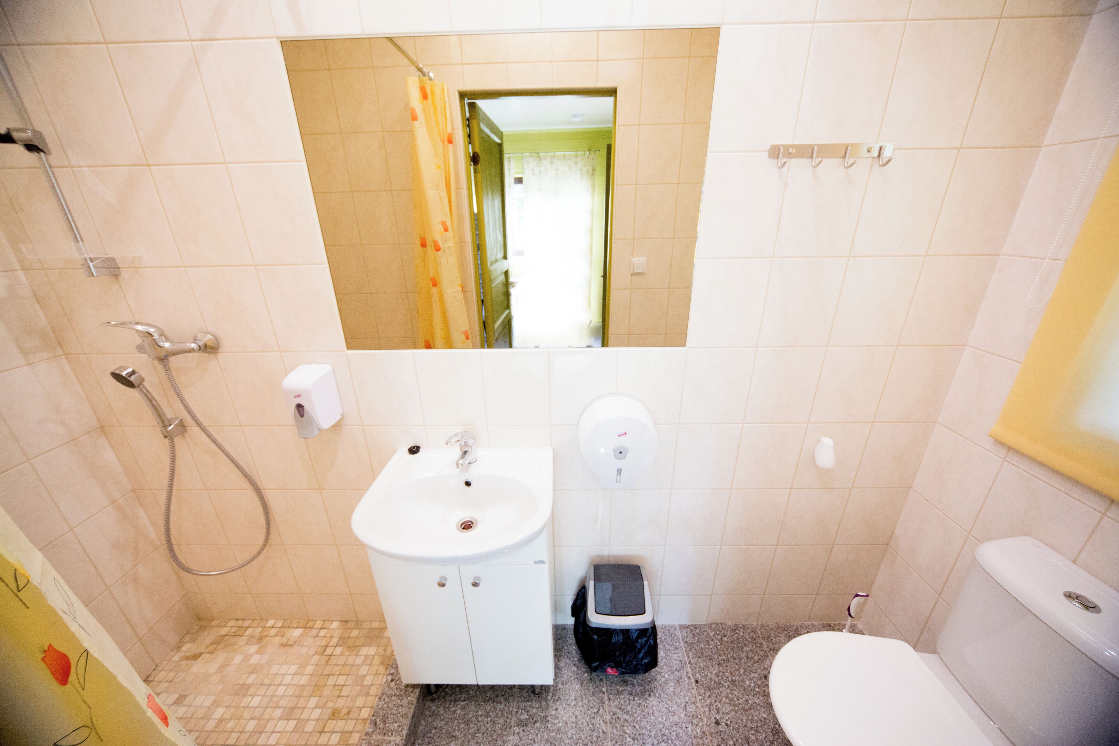 Un baño con lavamanos, inodoro y ducha.