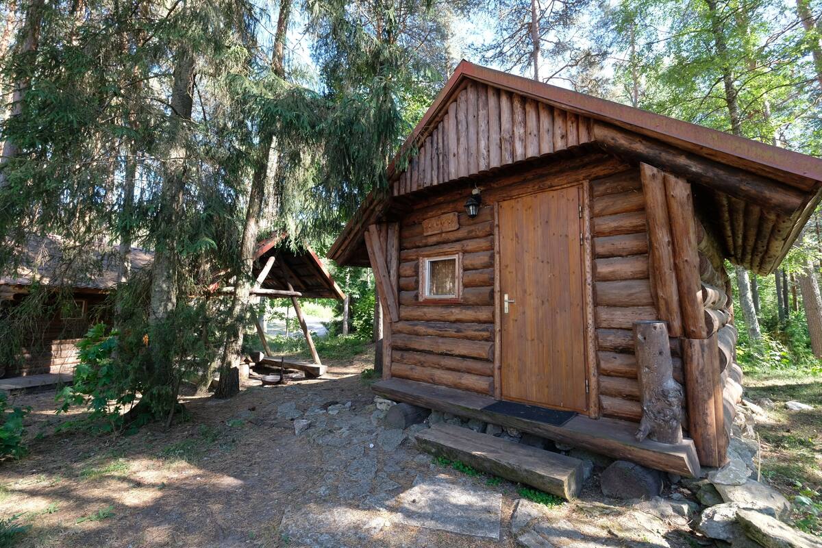 Una cabaña rústica de troncos con puerta y ventana de madera, rodeada de árboles.